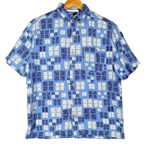 Nat Nast Shirt Men M Blue Geo Tribal Tiki Hawaiian Camp Button Up Silk Cotton - Picture 1 of 11